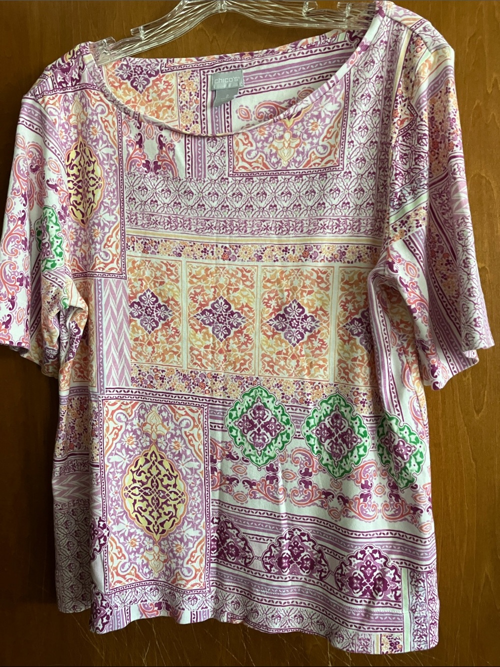 Chico’s Size 2 T-Shirt Purple Irange Indian Geometric Print